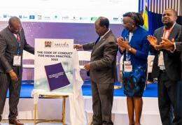 During the launch of the revised code of conduct for media practice 2025 by CS William Kabogo, MCK CEO David Omwoyo, and Victor Bwire.